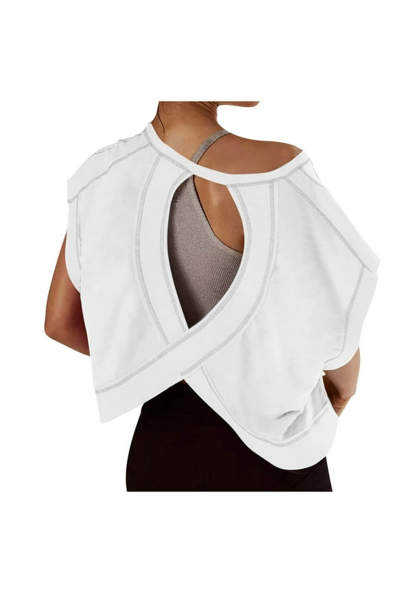 Summer Tops Sevevn Womens Open Back Workout Backless Short Sleeve Athletic Shirt Running Crop Gym Yoga Tee