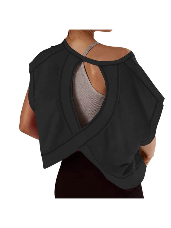 Summer Tops Sevevn Womens Open Back Workout Backless Short Sleeve Athletic Shirt Running Crop Gym Yoga Tee