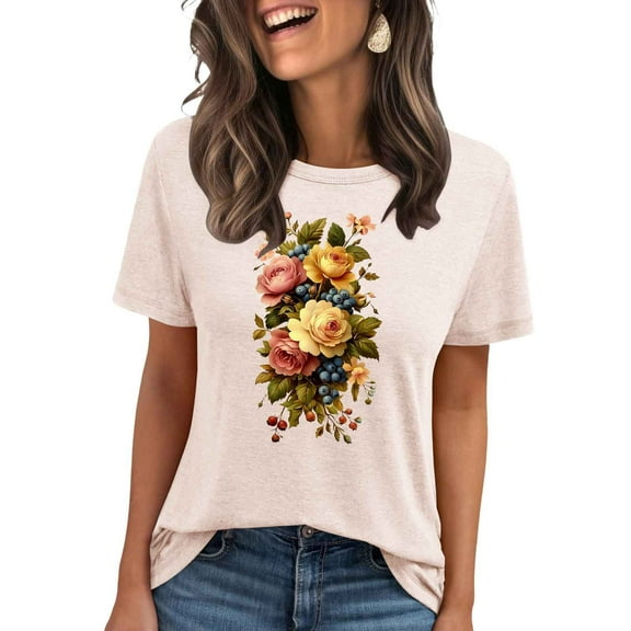 Women's Tops Casual Loose Fit Summer Tops Sleeveless Floral Cute Tshirts Shirts Graphic White Blouse Under Blazer Short Sleeve