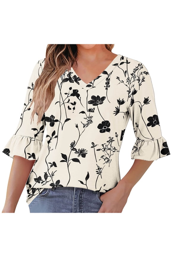 Boho Tops for Women Cute Fall Tops Work Fitted 3/4 Sleeve Shirts Slimming Blouses Dressy Casual Fall