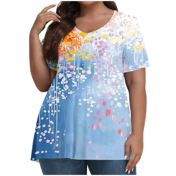 Womens Summer Tops Trendy Going Out Tops College Casual Tshirts Shirts Oversized Graphic Plus Size V Neck Casual Soft Blouse
