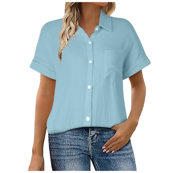 Summer Tops, Shirts for Women, Trendy Women's Casual Button Down Short Sleeve Shirts Summer Workblouse with Textured Design for Effortless Style and Comfort