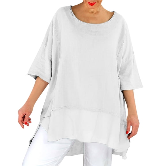 Summer Tops, Shirts for Women, Trendy Women Casual Blouse Solid Round Neck Loose Top with Three Quarter Sleeves for Everyday Wear
