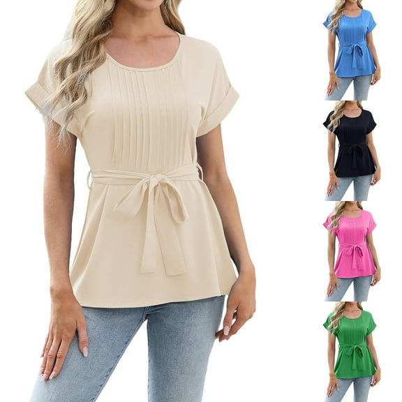 Summer Tops Short Sleeve Shirts, Casual Women's Shirt With Turned-Up Cuffs Ruffled Edges And Front Pleats Round Neck Short Sleeved with Tightened Waistband, Size S-2XL