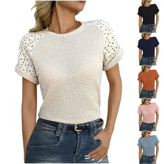 Summer Tops Short Sleeve Shirts, Casual Women's Summer Solid Color Round Neck Lace Patchwork Short Sleeved T-shirt Trendy T Shirts, Size S-2XL