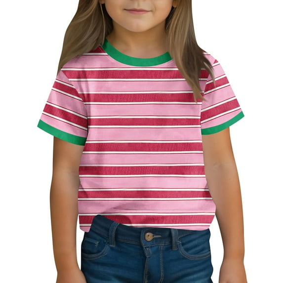 T-Shirts Size 3-14 Years for Children Boys and Girls Short Sleeve Crew Neck Striped Summer Saving Clerance Kids' Sports Breathable Tops Watermelon Red
