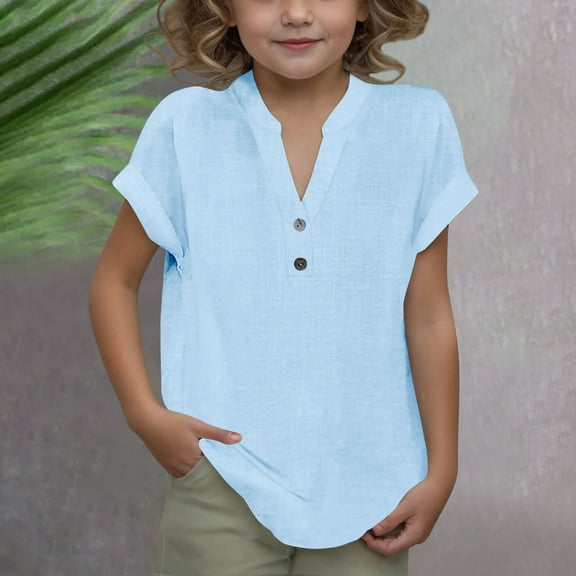 Summer Saving Clerance Shirts For Girls Size 4-14 Years Short Sleeve V-Neck Solid Color T-Shirts Summer Casual Lightweight Tops & Blouses for Girls Light Blue