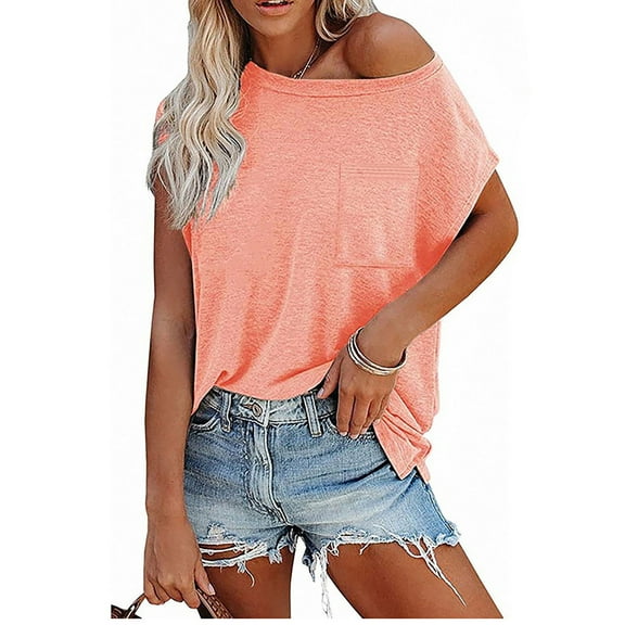 Summer Tops with Sleeves for Women Silk Women's Short Sleeve T Shirts Casual Solid Tops Basic Loose Crew Neck Clothes Dressy Pullover Tee with Pocket off The Shoulder Tops for Women Long Sleeve