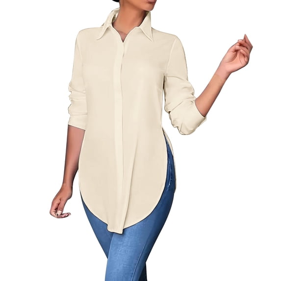Summer Tops Slit Side V Neck Long Sleeve Button Down Fashion Blouse
