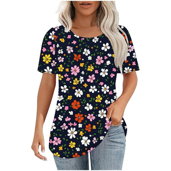 Summer Tops T-Shirts for Women Loose Casual Short Sleeve Tee Tops Dressy Casual Blouses Pleated Front Scoop Neck Tshirts Daily Office Work Shirt for Women
