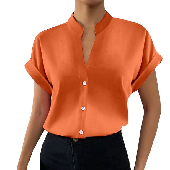 Summer Tops, Tops for Women Trendy, Stylish Women's V Neck Solid Button Short Sleeve Shirt for Everyday Wear and Casual Outings