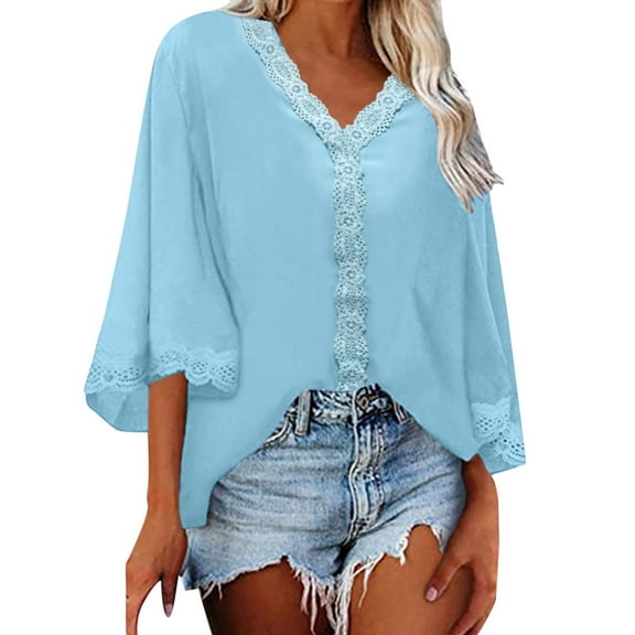 Summer Tops, Tops for Women Trendy, Trendy Women Shirt Casual Flared Sleeve V Neck Lace Loose Apparel Top for Everyday Wear and