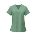 thumbnail image 1 of Summer Tops Trendy, Casual Top Breathable Work Uniform Comfortable Short Sleeve Tunic Lightweight Nursing Shirt V-Neck Multi Pocket Side Slit Green M, 1 of 5