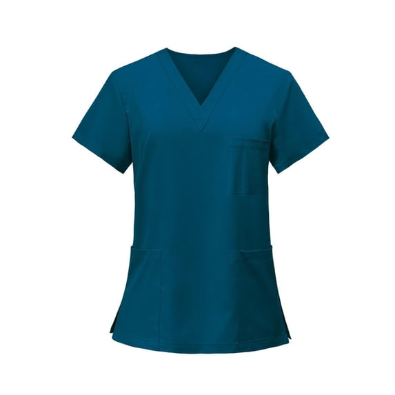 Summer Tops Trendy, Casual Top Breathable Work Uniform Comfortable Short Sleeve Tunic Lightweight Nursing Shirt V-Neck Multi Pocket Side Slit Turquoise Xl