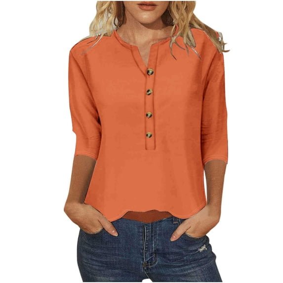 Summer Tops Viikei Fashion Womens Tops with 3/4 Sleeve Classic O-Neck Button Down Shirt for Womens Casual Loose Fit Flowy Solid Color Basic Tee for Spring Summer Women's Printed Tops Orange