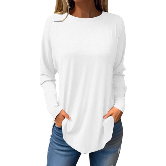 Summer Tops Viikei Spring Fall Tops for Womens 2025 Trendy O-Neck Long Sleeved Loose Fit Tunic Basic Tops for Ladies Womens Round Neck Solid Color Fall Blouses Fashion Smocked Long Sleeve Shirts Tops