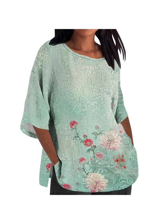 Summer Tops Viikei Womens Fall Long Sleeve Tunic Tops,Tops for Women Plus Size,Women's Ladies Fashion Casual Cropped 3/4 Sleeve Printing Loose Shirt Blouse Top Green XXXXXL