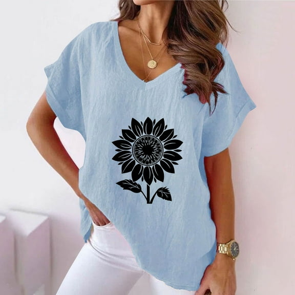 Summer Tops Viikei Womens Plus Size Tops,Women V-neck Print T-Shirts Fashion Comfortable Female Blouses Light Blue M