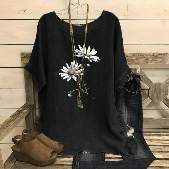Summer Tops Viikei Womens Shirts under $5,Womens Plus Size Tops Clearance,Women's Fashion Print Tees Casual Crew Neck Raglan Short Sleeve Loose T Shirt Linen Blouses Black XL