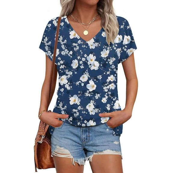 Summer Tops Viikei Womens Shirts under $5,Womens Summer Short Sleeve Tunic Tops,Women's Printed V-neck Short-sleeved T-shirt Loose Top Short Sleeve Top Multicolor S