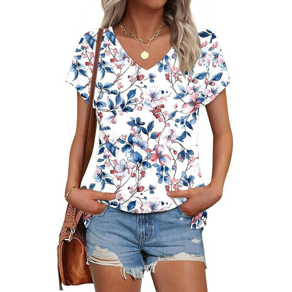 Summer Tops Viikei Womens Summer Short Sleeve Tunic Tops,Women's Printed V-neck Short-sleeved T-shirt Loose Top Short Sleeve Top Multicolor L