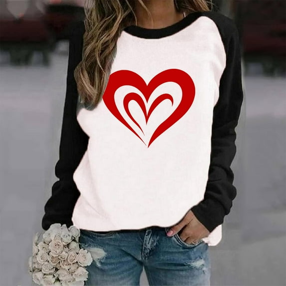 Summer Tops Viikei Womens Sweatshirts Crew Neck,Valentine's DayShirts for Women Crewneck Graphic Sweatshirts Heart Pullover Casual Long Sleeve Gift Tops Blouse Black S