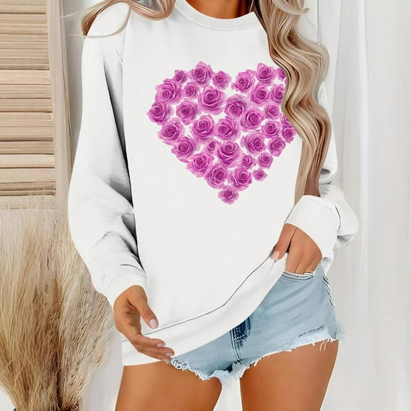 Summer Tops Viikei Womens Sweatshirts with No Hood,Plus Size Tops Long Sleeve,Women's Round Neck Lover's Love Top Hoodie Long Sleeved Round Neck Top White XXXL