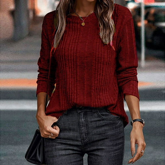 Summer Tops Viikei Womens Tops Dressy Casual,Long Sleeve Shirts for Women Fall Womens Tops,Women's Fashion Casual Solid Color Warm Long Sleeve Round Neck Pullover Top/Shirt Wine S