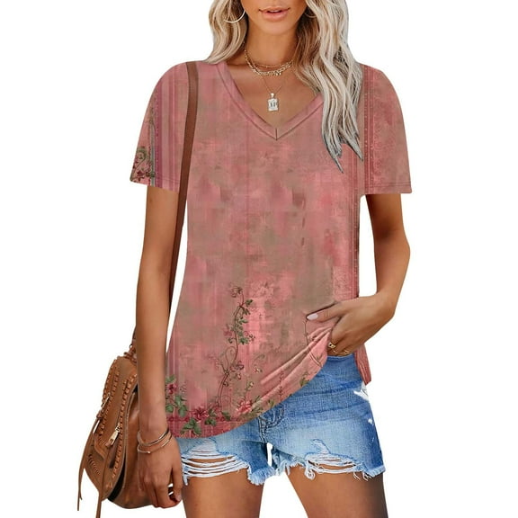 Summer Tops Viikei Womens Tops Trendy,Women's Plus Size Summer Tops,Women's New Short-sleeved V-neck Pullover Casual Printed Fashion Top Multicolor S