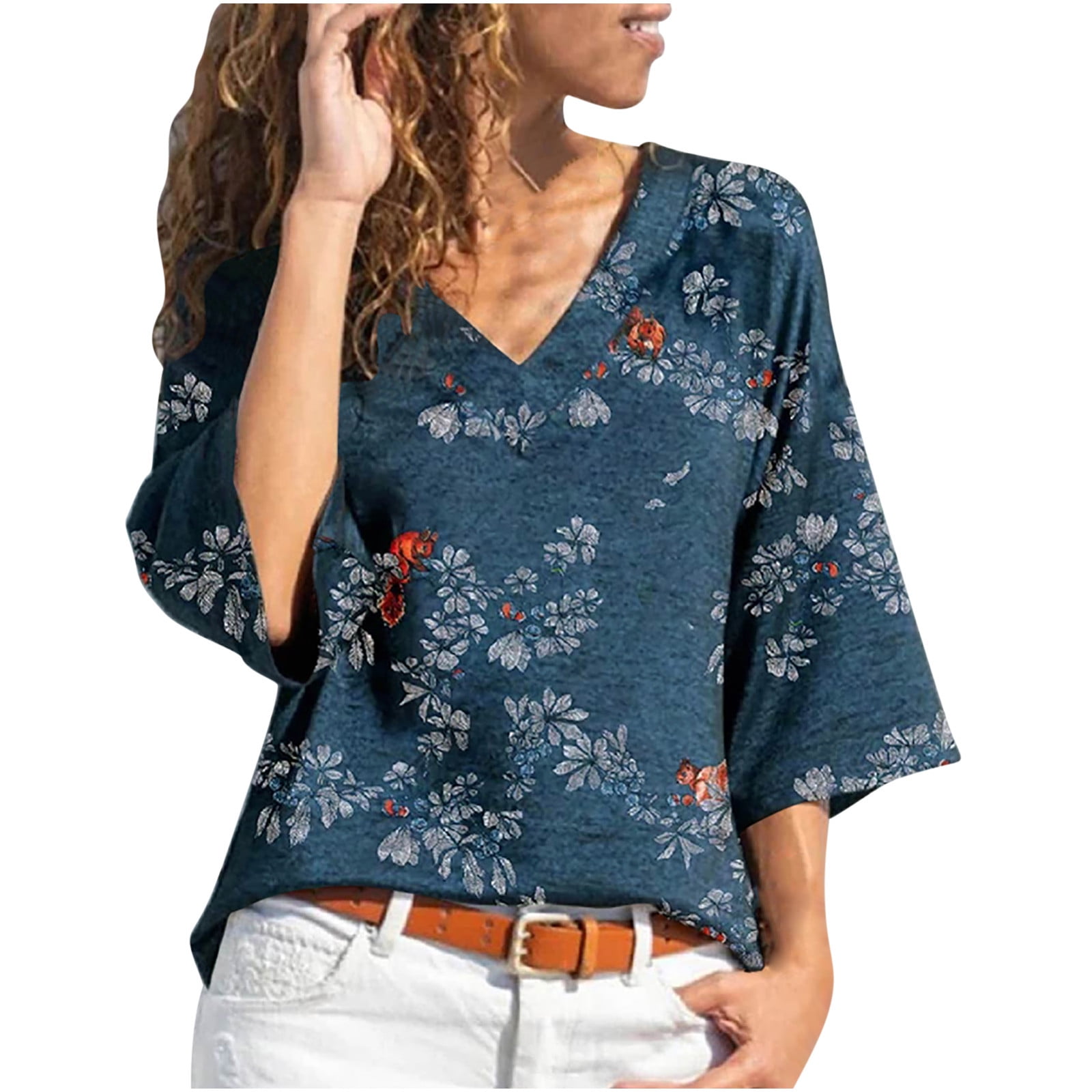 Cozirly Plus Size Vintage Tops for Women 3/4 Sleeve V Neck Shirts Womens  Fashion Floral Print Loose Fit Blouse Ethnic Shirts at  Women's  Clothing store