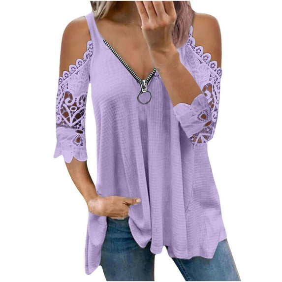 Summer Tops for Women Mgmyaa Women Blouses Tops Plus Size V-Neck 1/2 Sleeve Tops Lace Half Sleeve Zipper Hollow Out Blouse Tops Fashion Solid Color Fit Casual Tees, Shirts