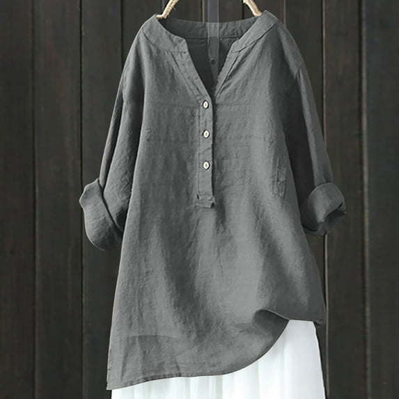 Summer Tops for Women Mgmyaa Women Blouses Tops Plus Size V-Neck Long Sleeve Tops Loose Button Cotton Linen Tunic Blouse Fashion Solid Color Fit Casual Tees, Shirts