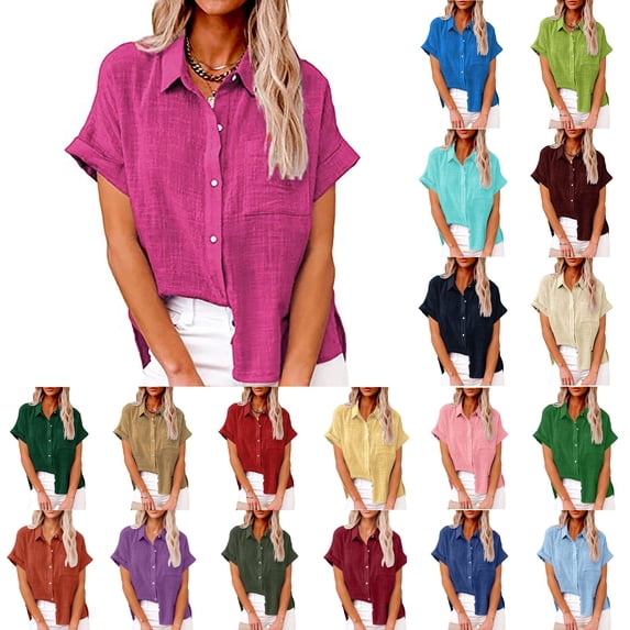 Mgmyaa Women's Casual Cotton Linen Shirts, Plus Size Collared Short Sleeve Button Down Shirts, Loose Fit Solid Color Pocket Blouse Summer Tops for Women