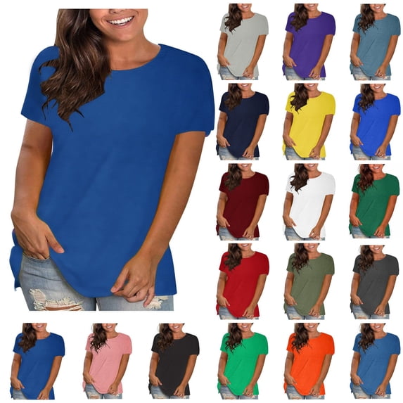 Summer Tops for Women Mgmyaa Women T-Shirts Plus Size Crew Neck Short Sleeve Tops Loose Pullover Tops Fashion Solid Color Fit Casual Tees