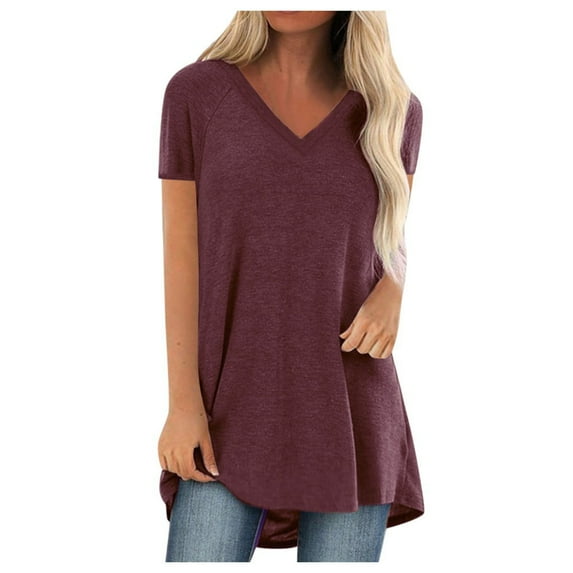 Summer Tops for Women Mgmyaa Women T-Shirts Plus Size V-Neck Short Sleeve Tops Long T-Shirt Blouse Fashion Solid Color Fit Casual Tees