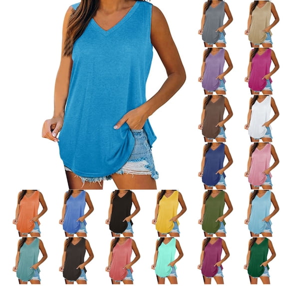 Summer Tops for Women Mgmyaa Women Tank Tops Plus Size V-Neck Sleeveless Tops Basic Flowy Sleeveless T-Shirt Fashion Solid Color Fit Casual Tees, Shirts