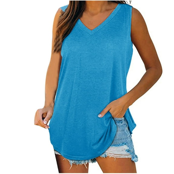 Summer Tops for Women Mgmyaa Women Tank Tops Plus Size V-Neck Sleeveless Tops Basic Flowy Sleeveless T-Shirt Fashion Solid Color Fit Casual Tees, Shirts