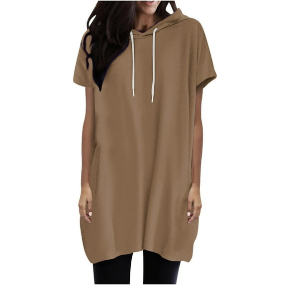 Summer Tops for Women Mgmyaa Women Tops Plus Size Crew Neck Short Sleeve Tops Hooded Drawstring Loose T-Shirt Fashion Solid Color Fit Casual Tees, Shirts