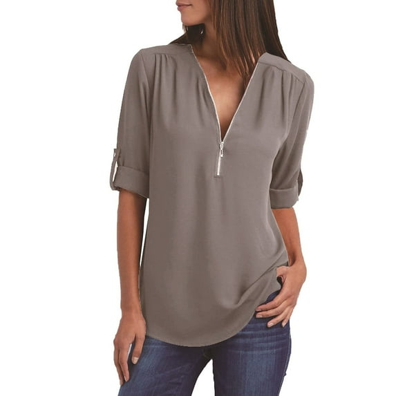 Summer Tops for Women Mgmyaa Women Tops Plus Size V-Neck Long Sleeve Tops Zip Loose Tunic Rollable Blouse Fashion Solid Color Fit Casual Shirts