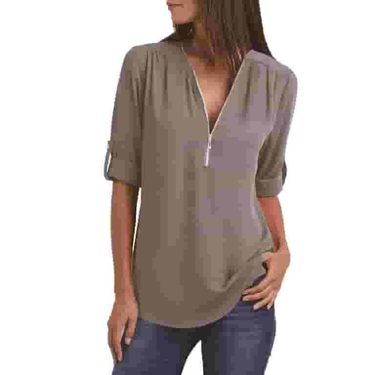 Fashion Casual Solid Split Joint V Neck Tops(7 colors) Fashion Casual Solid Split Joint V Neck Tops(7 colors)