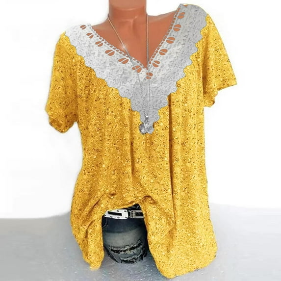 Summer Tops for Women Mgmyaa Women Tops Plus Size V-Neck Short Sleeve Tops Lace Stitching Blouse Fashion Floral Print Fit Casual Tees, Shirts