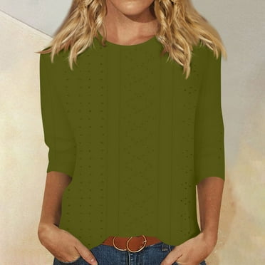Summer Tops for Women 2024, Womens 3/4 Sleeve Tops, Womens Blouse, Women's Casual 3/4 Sleeve T-Shirts Round Neck Cute Tunic Tops Basic Tees Blouses Loose Fit Pullover, Army Green, S