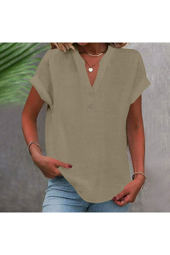 Summer Tops for Women 2025 Casual Short Sleeve Cotton Linen Shirts Button V Neck Tunic Blouse Beach Vacation Clothes, Limited Time Under 10 Dollars