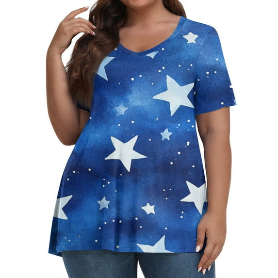 Summer Tops For Women 2025, Casual V Neck Pullover Short Sleeve Plus Size 4Th Of July Printed Tshirt White Turtle Necks Tops 100 Days School Shirt Tank Tops Tees Tops Shirts (5XL, Blue) ZMTing