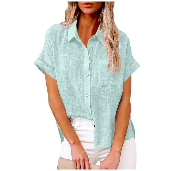 Summer Tops Women 2025 Plus Size Fashion Solid Color Button Shirts V Neck Loose Blouse Short Sleeve Casual Work Tunic With Pocket