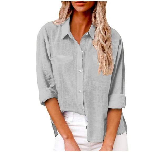 Summer Tops Women 2025 Plus Size Fashion Spring Solid Color Collar Casual Cotton And Linen Long Sleeved Shirt Top T-shirt