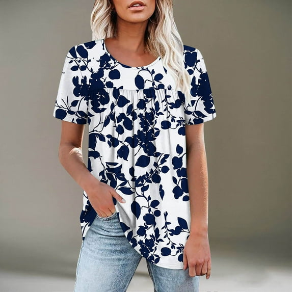 Summer Tops for Women 2025 Short Sleeve Crew Neck Pleated T Shirts Fashion Floral Print Dressy Casual Blouses Loose Fit Tunic Tops Vacation Beach Outfits Track Clarence Items All Departments