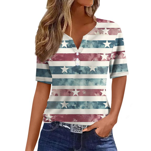 Summer Tops For Women 2025, T Shirt 4Th Of July Button Short Sleeve Daily Weekend Basic V Neck Regular Top 3/4 Tops Sparkly Goth Clothes White Down Shirt Tank Tops Shirt (L, Blue) ZMTing
