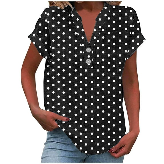 Summer Tops for Women 2025 Trendy Beach Vacation Clothes Ladies Plus Size Henley V Neck Shirts Polka Dot Short Sleeve Tunic Tees Loose Comfy Button Down Blouses Classy Basic Cotton Linen Outfits