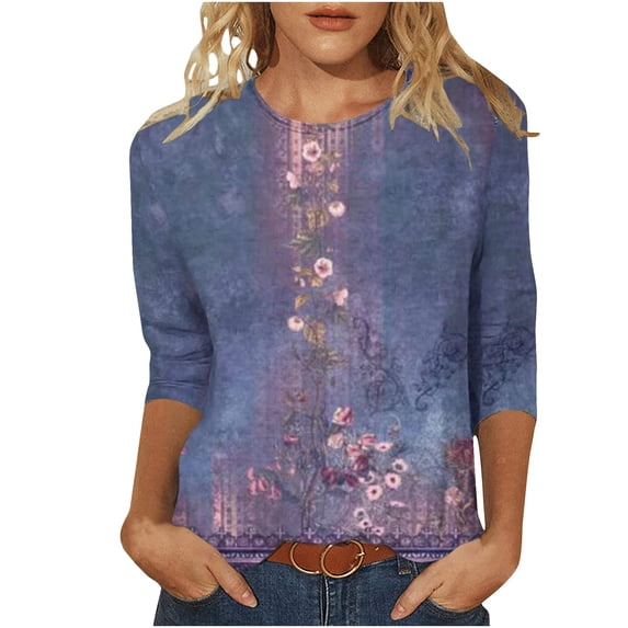 4th of July T Shirts for Womens Summer Tops 2025 Trendy Going Out Tshirts 3/4 Length Sleeve Blouses Dressy Casual Floral Printed Crewneck Pullovers Elegantes Para Mujer Para Fiestas